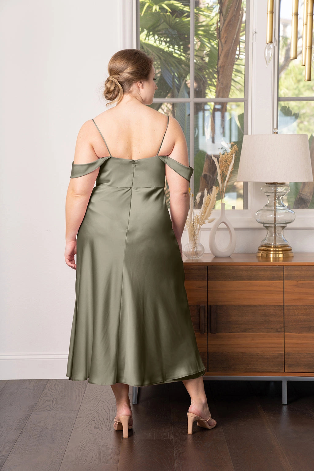 Elegant A-Line Straight Neck Off Shoulder Zipper Back Plus Size Bridesmaid Dress