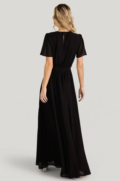 Roselledress solid black long gown keyhole back zipper chiffon rear view