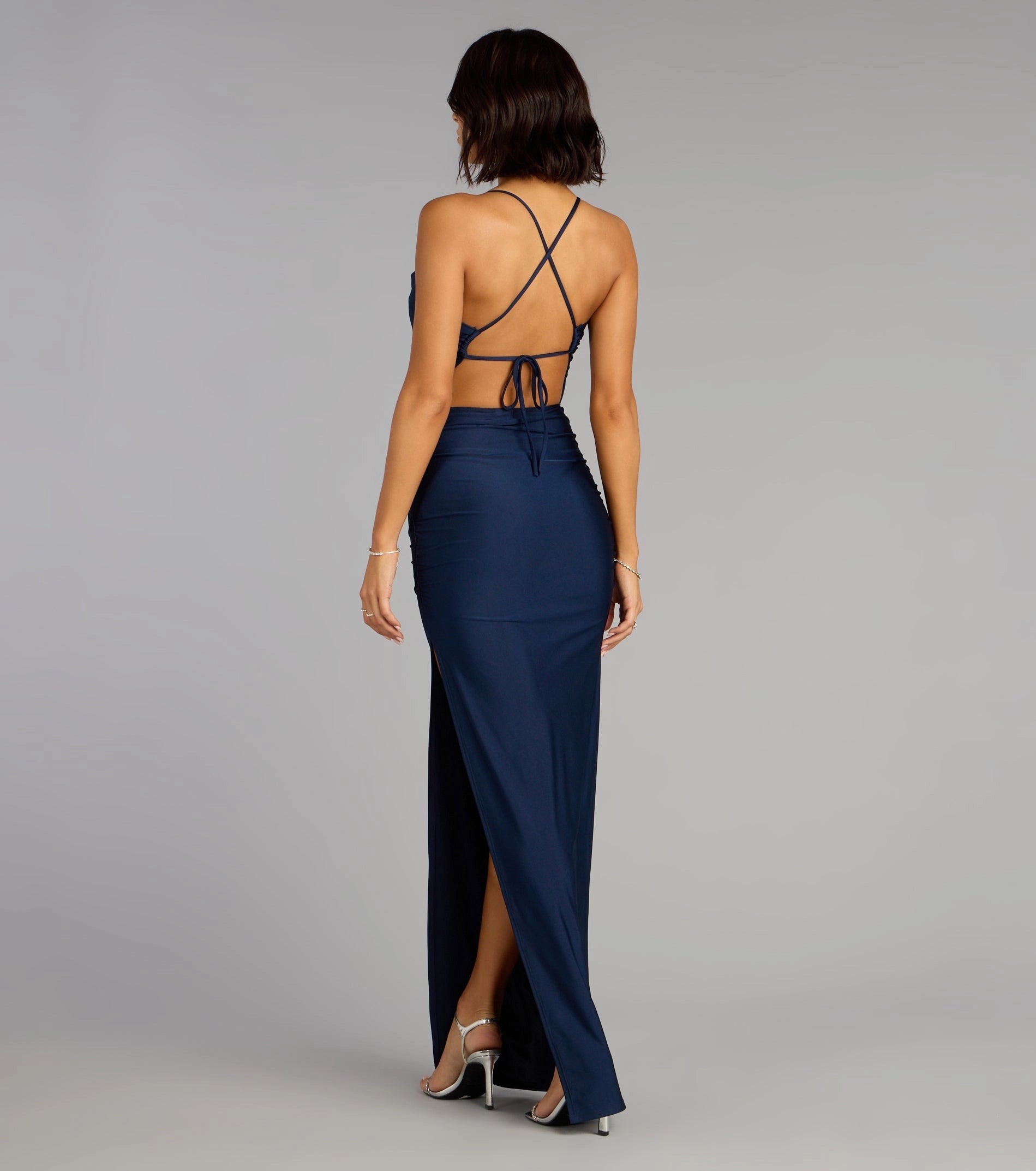 RoselleDress criss cross tie open back navy stretch knit maxi gown rear view