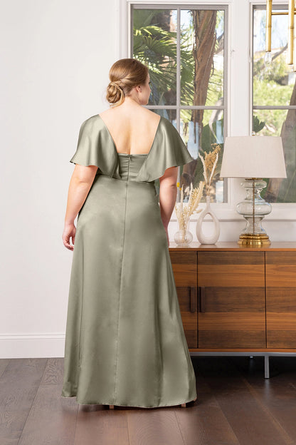 Elegant Plus Size A-Line V-Neck Flutter Sleeve V-Back Floor Length Bridesmaid Dress