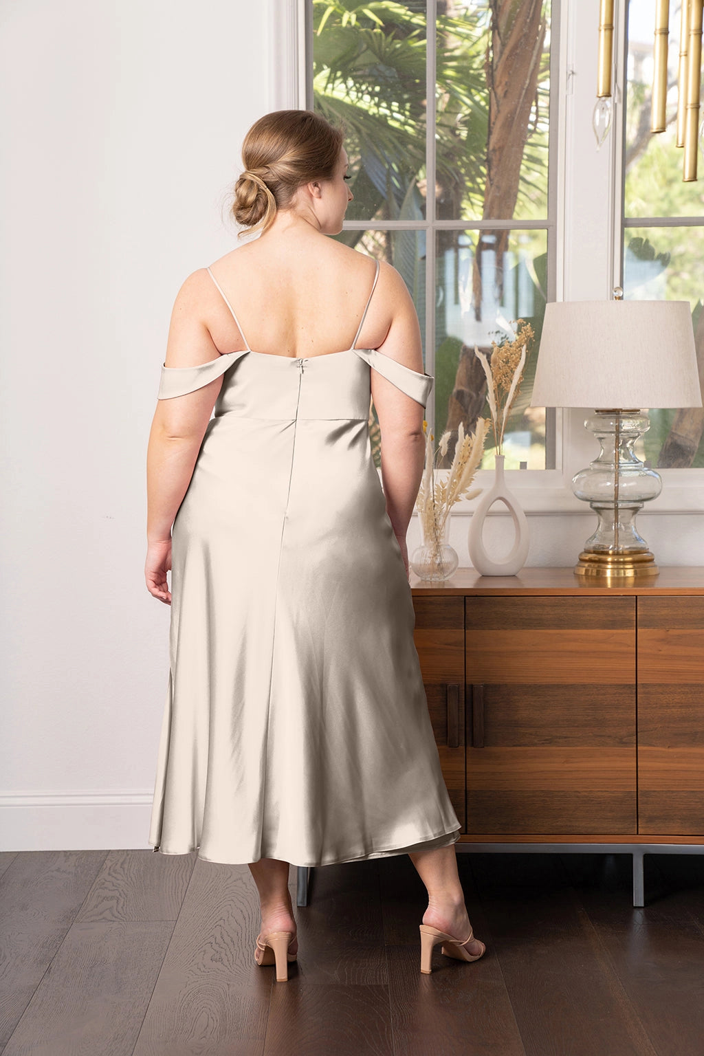Elegant A-Line Straight Neck Off Shoulder Zipper Back Plus Size Bridesmaid Dress