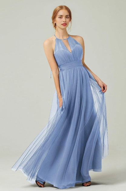 Plus Size Elegant Tulle A-Line Halter Sleeveless Open-Back Floor-Length Bridesmaid Dress