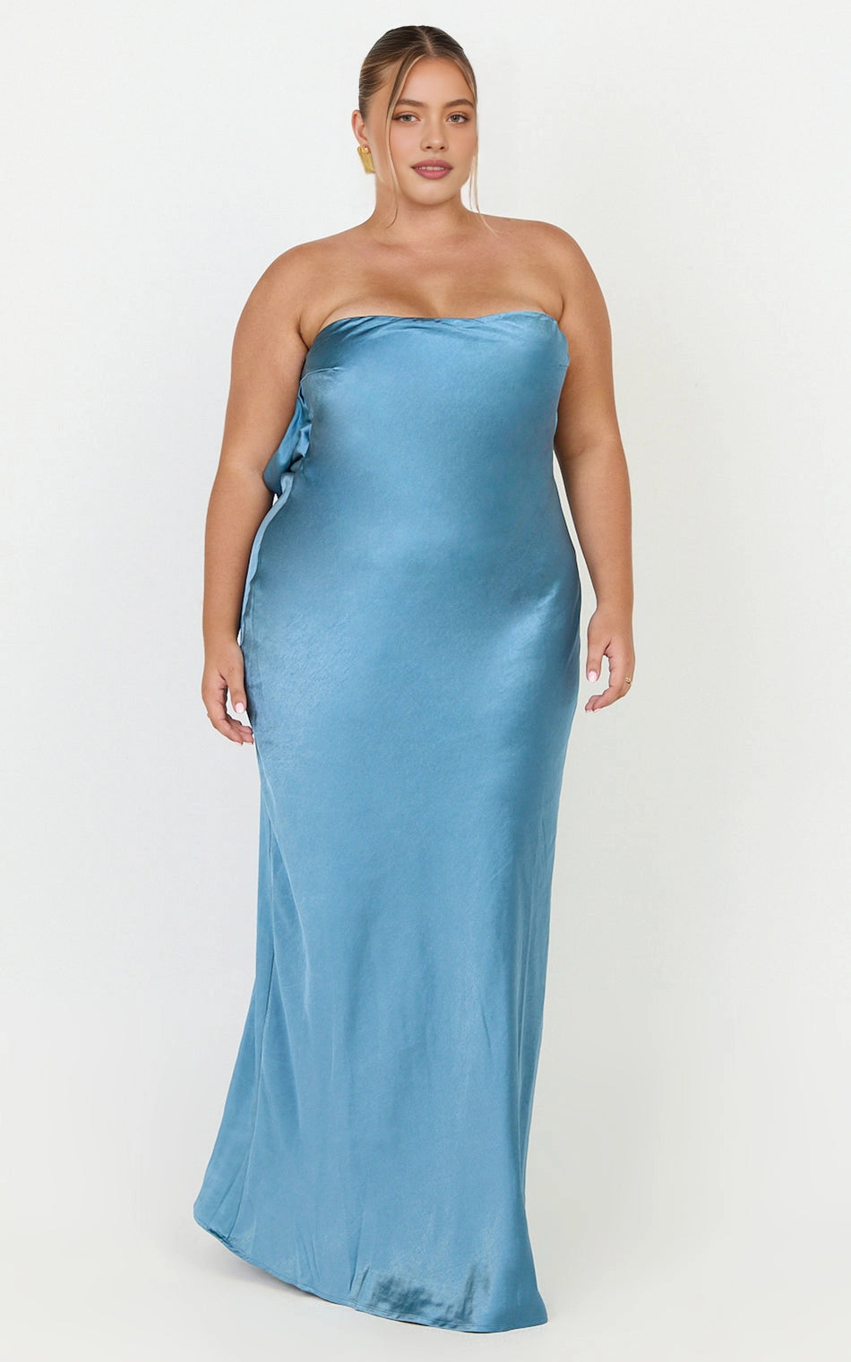 Strapless Cowl Back Button Detail Satin Bodycon Plus Size Wedding Guest Dress