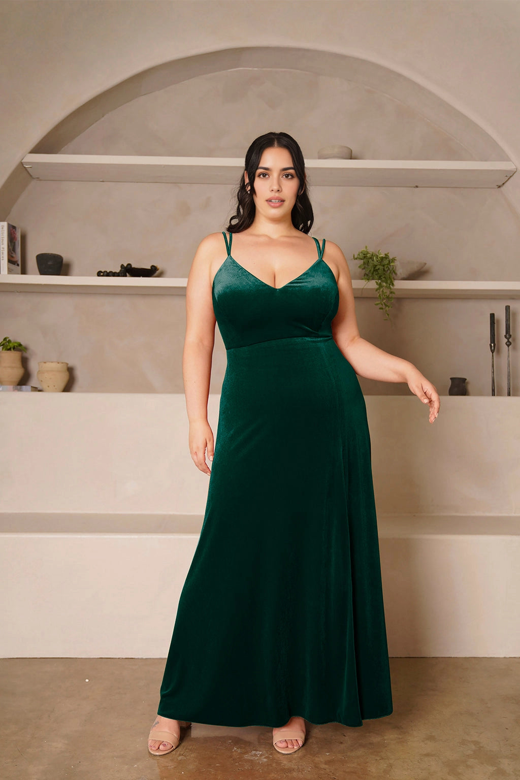 Elegant A-Line V-Neck Double Strap Zipper Back Long Plus Size Evening Dress