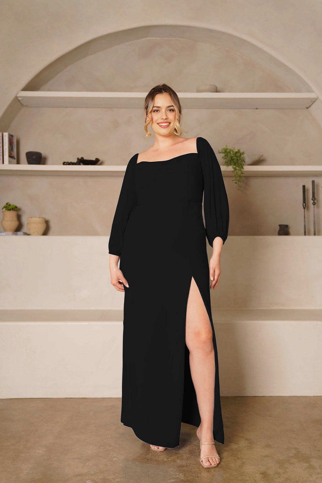 Elegant Sheath Square Neck Balloon Sleeve Zipper Back Plus Size Bridesmaid Dress