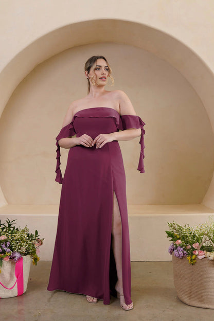 Elegant A-Line Straight Neck Ruffle Sleeve Zipper Back Floor Length Bridesmaid Dress