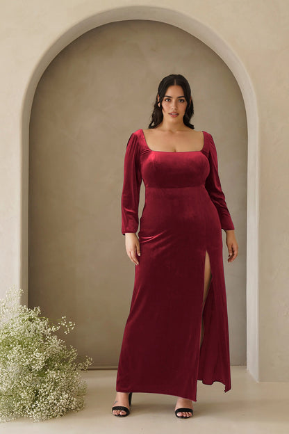 Elegant Sheath Square Neck Long Sleeve Scoop Back Plus Size Evening Dress