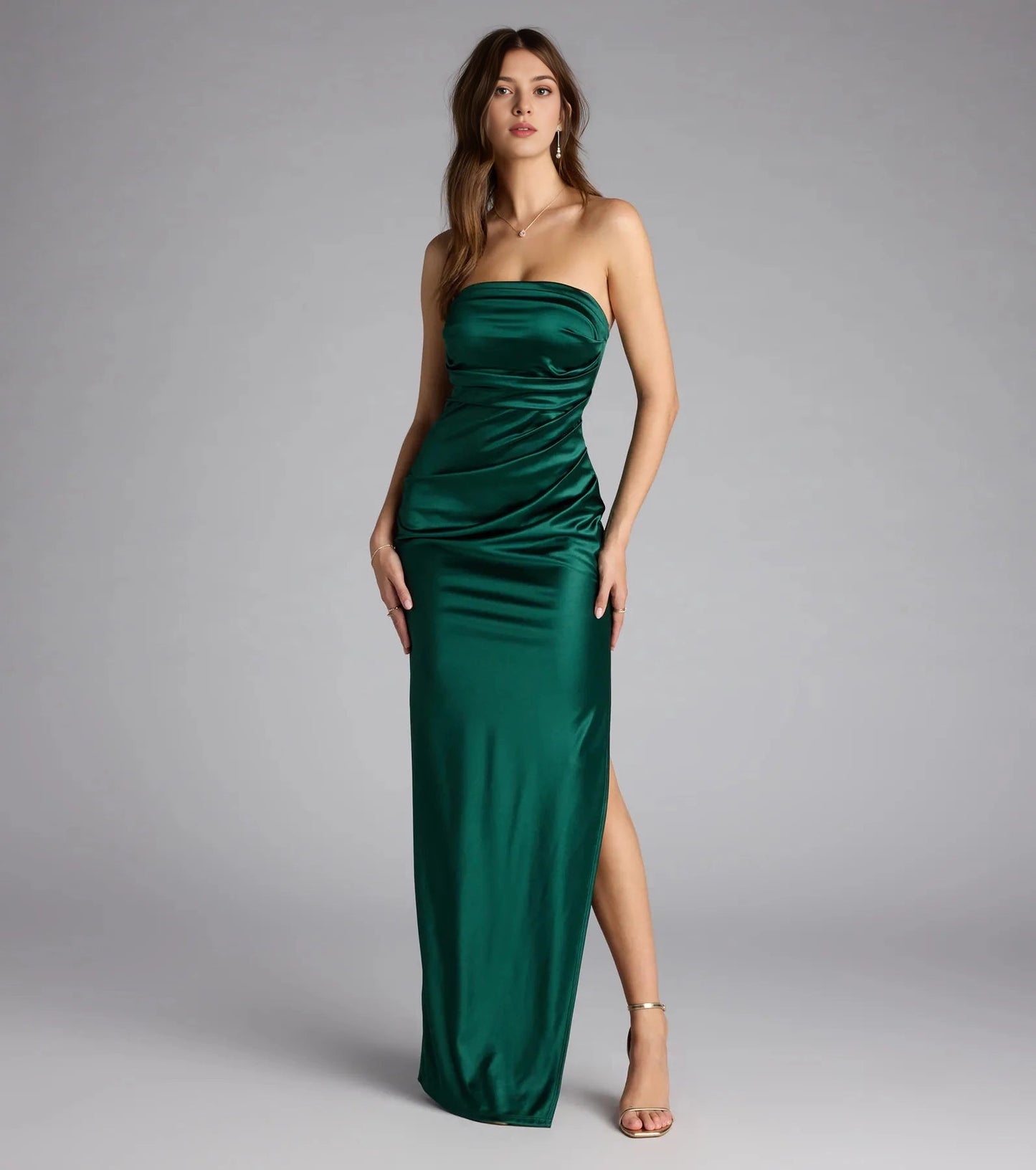 Roselledress emerald green satin strapless prom dress ruched waist high side slit formal maxi gown front shot