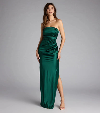 Roselledress emerald green satin strapless prom dress ruched waist high side slit formal maxi gown front shot