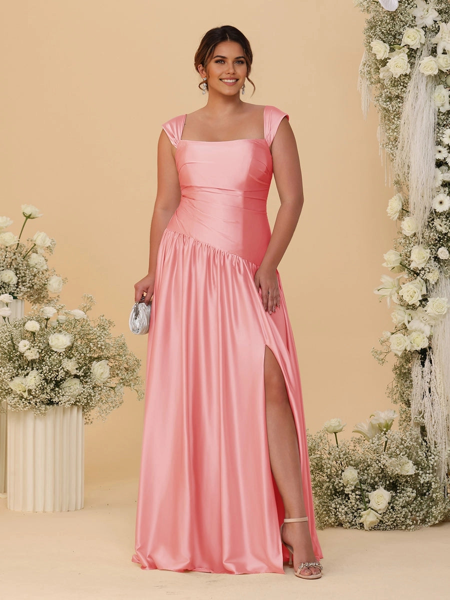 Stunning Champagne A‑Line Convertible‑Neck Ruched Zip‑Back High‑Slit Floor‑Length Bridesmaid Dress