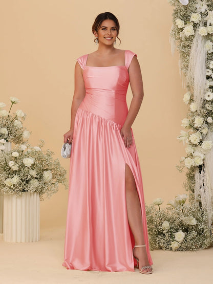 Stunning Champagne A‑Line Convertible‑Neck Ruched Zip‑Back High‑Slit Floor‑Length Bridesmaid Dress