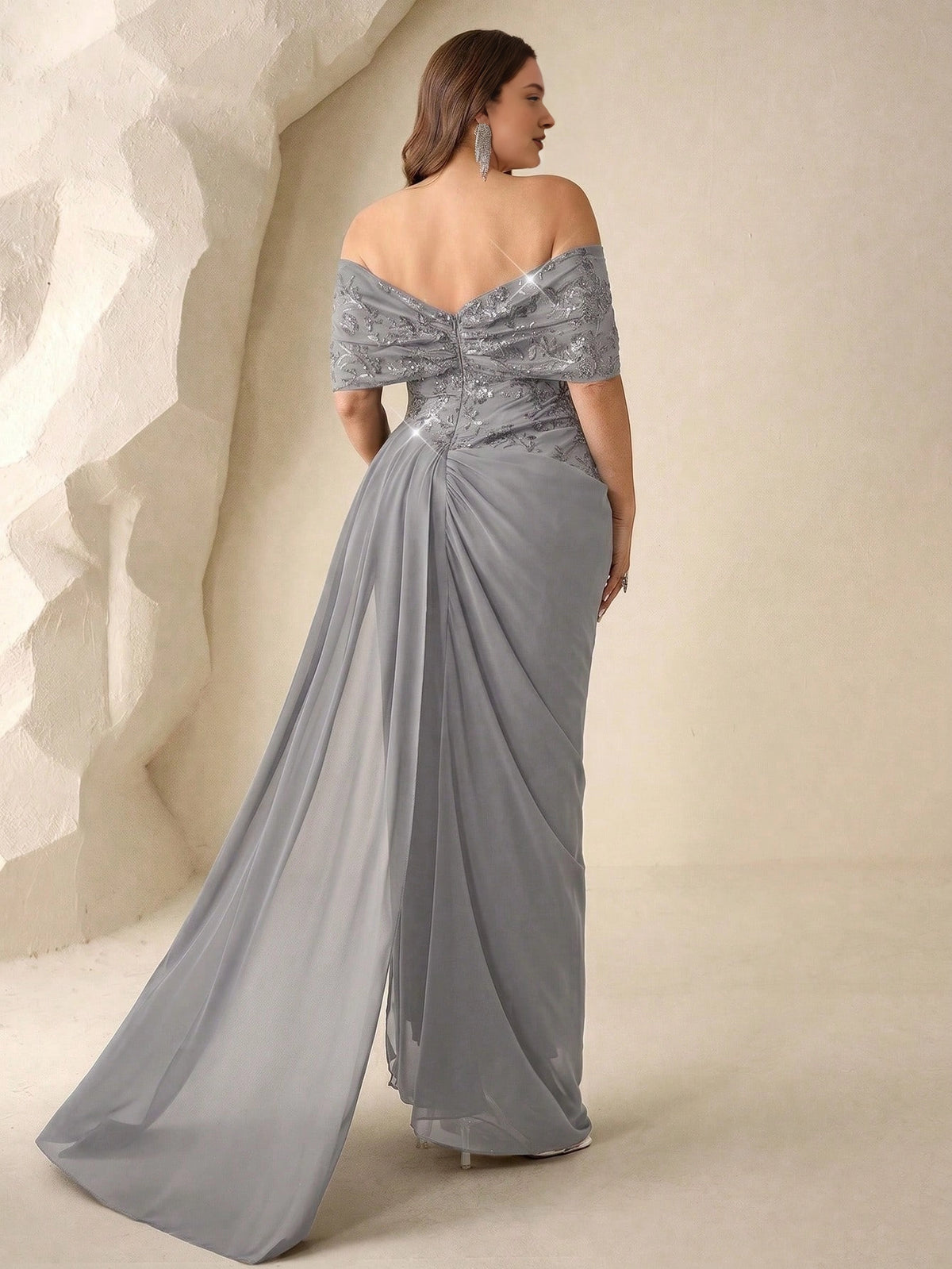 Elegant Plus Size Sheath Off-the-Shoulder Zip Back Long Chiffon Evening Dress