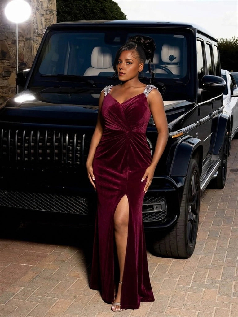 Glam Mermaid V-Neck Beaded Strap Zipper Back Slit Floor-Length Plus Size Prom Dress