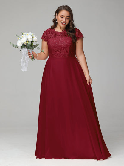 Elegant A‑Line Scalloped Neck Cap Sleeve Keyhole Back Floor Length Plus Size Mother Of The Bride Dress