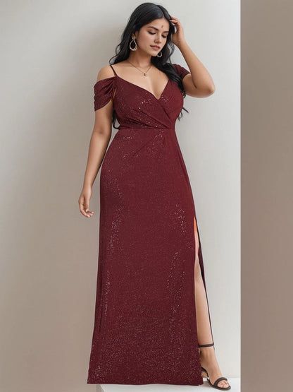 Glamorous Sheath V‑Neck Cold‑Shoulder V‑Back Floor‑Length Plus Size Wedding Guest Dress