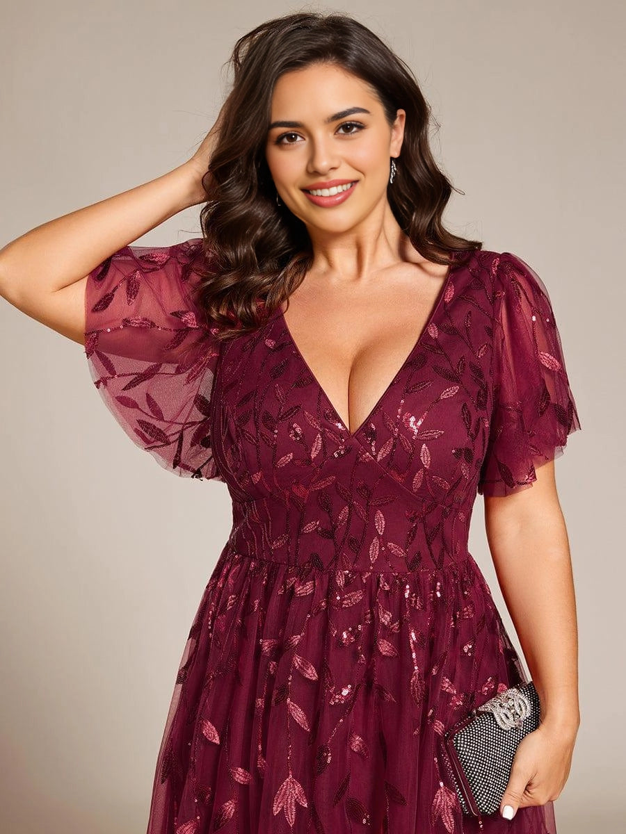 Roselledress Burgundy Leaf Sequin V-Neck Flutter Sleeve Zip Back Midi Plus Size Weeding Guest Dress