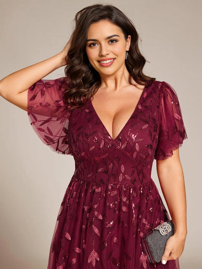 Roselledress Burgundy Leaf Sequin V-Neck Flutter Sleeve Zip Back Midi Plus Size Weeding Guest Dress
