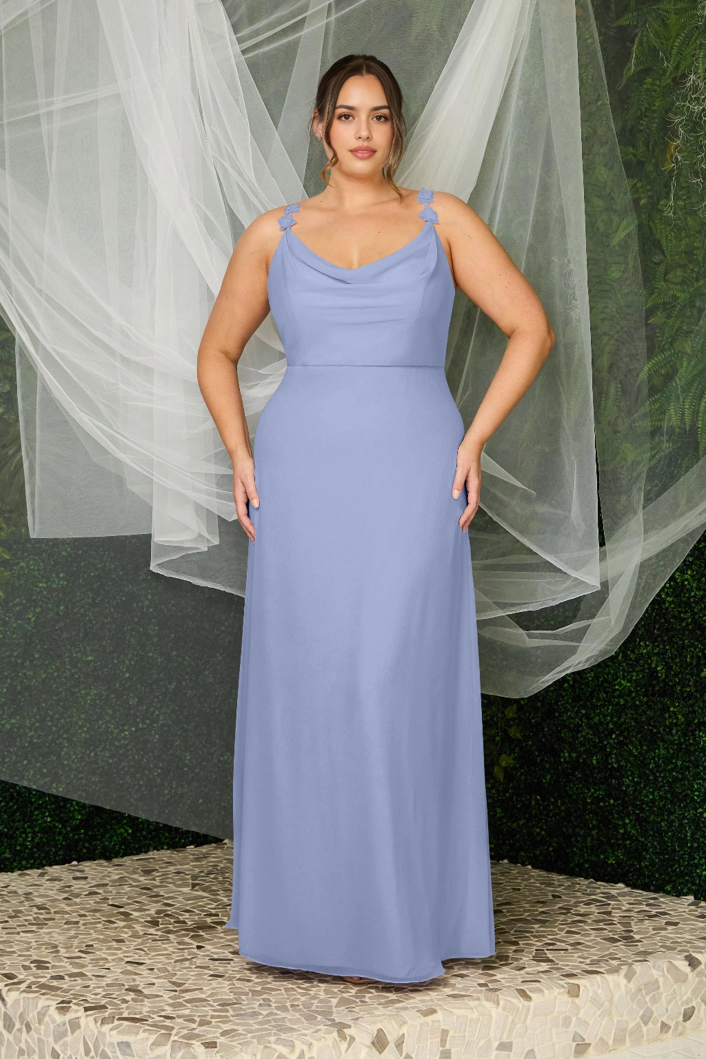 Elegant Plus Size A-Line Cowl Neck Floral Strap V-Back Maxi Bridesmaid Dress