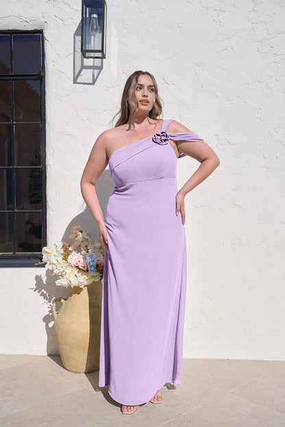 Elegant Sheath One Shoulder Floral Detail Zipper Back Plus Size Maxi Bridesmaid Dress