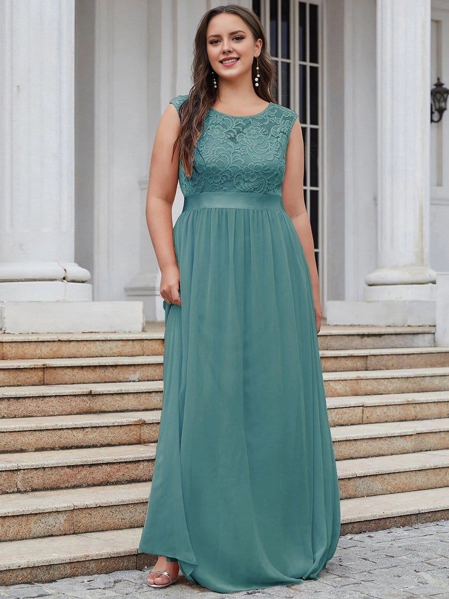 Romantic A-Line Round Cap Sleeve V-Back Sash Waist Floor-Length Plus Size Bridesmaid Dress
