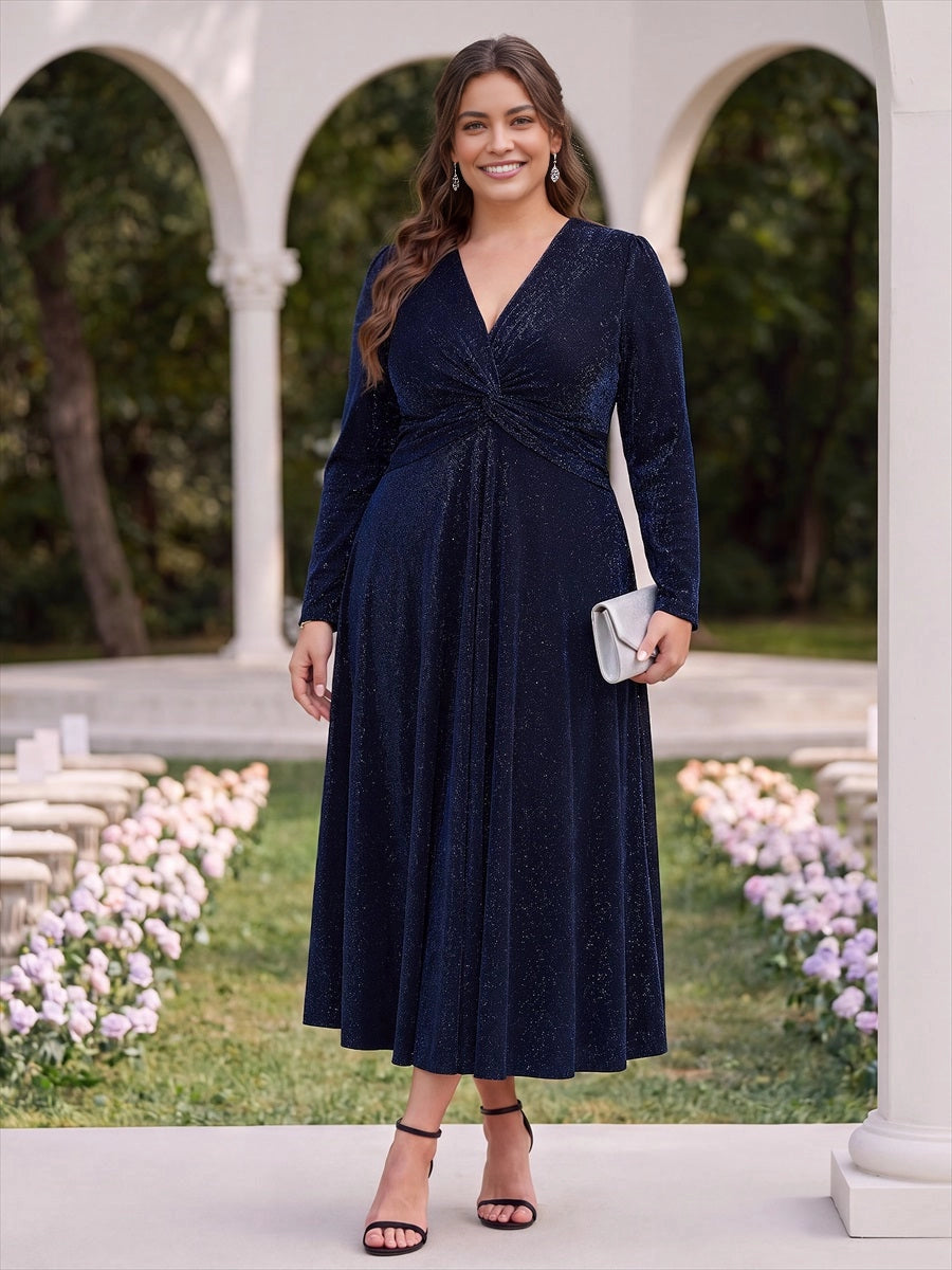 Roselledress Olive‑Green Plus‑Size Long‑Sleeve Twist‑Waist A‑Line Midi Mother of the Bride Dress