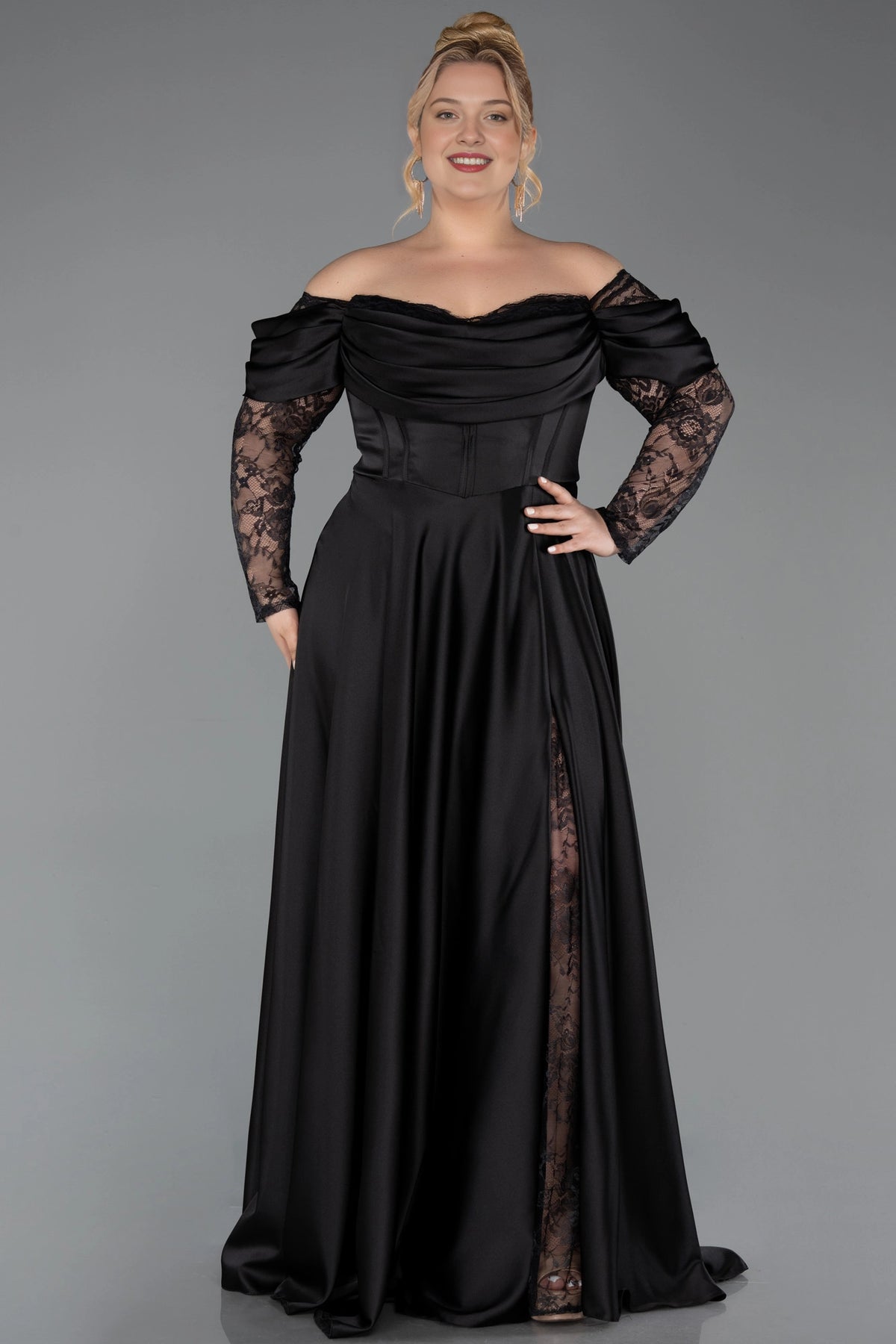 Elegant A-Line Off-Shoulder Lace-Sleeve Zipper-Back Floor-Length Plus Size Wedding Guest Dress