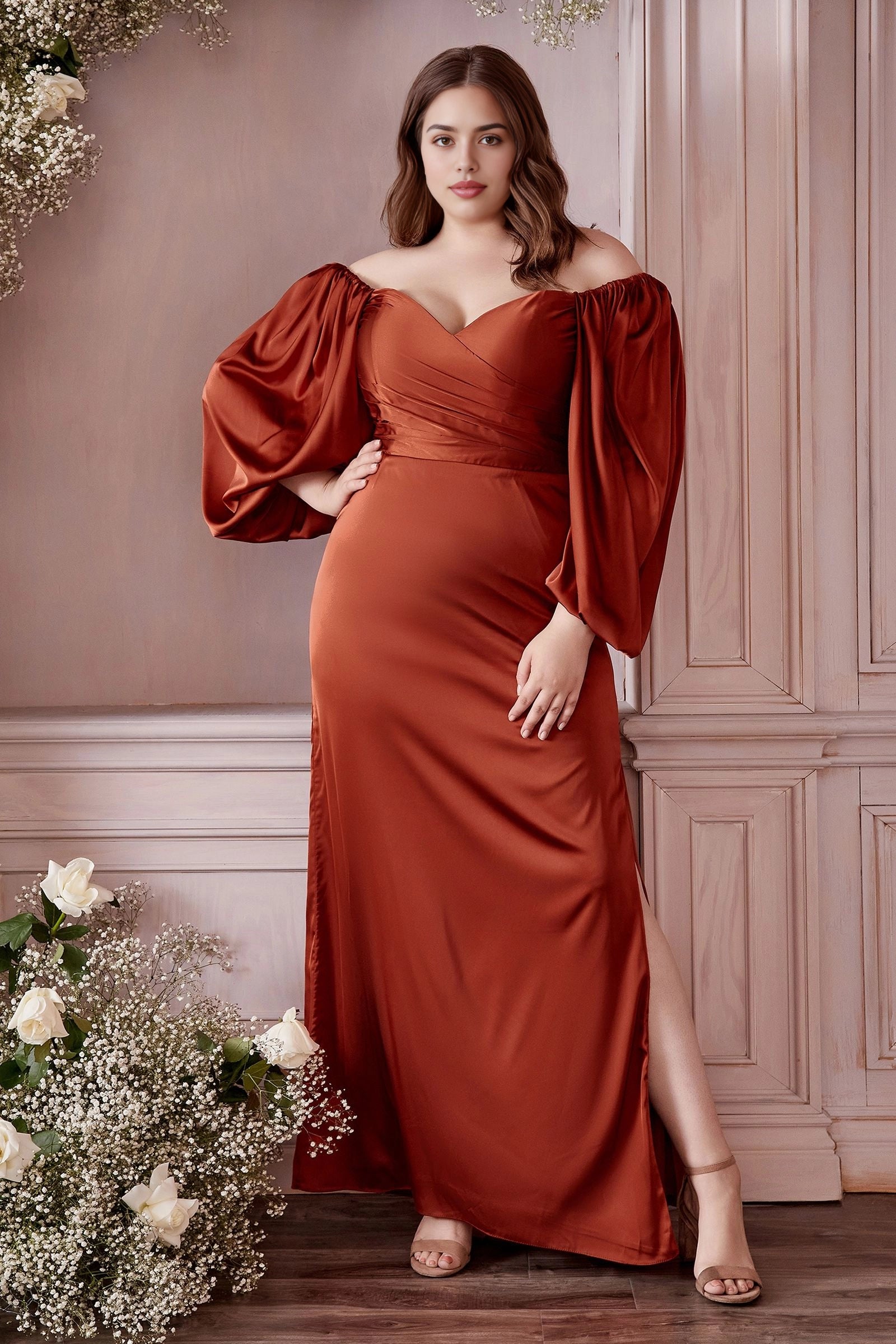 Roselledress Cherry Lacquer plus size off shoulder puff sleeve satin bridesmaid dress high slit mermaid formal gown
