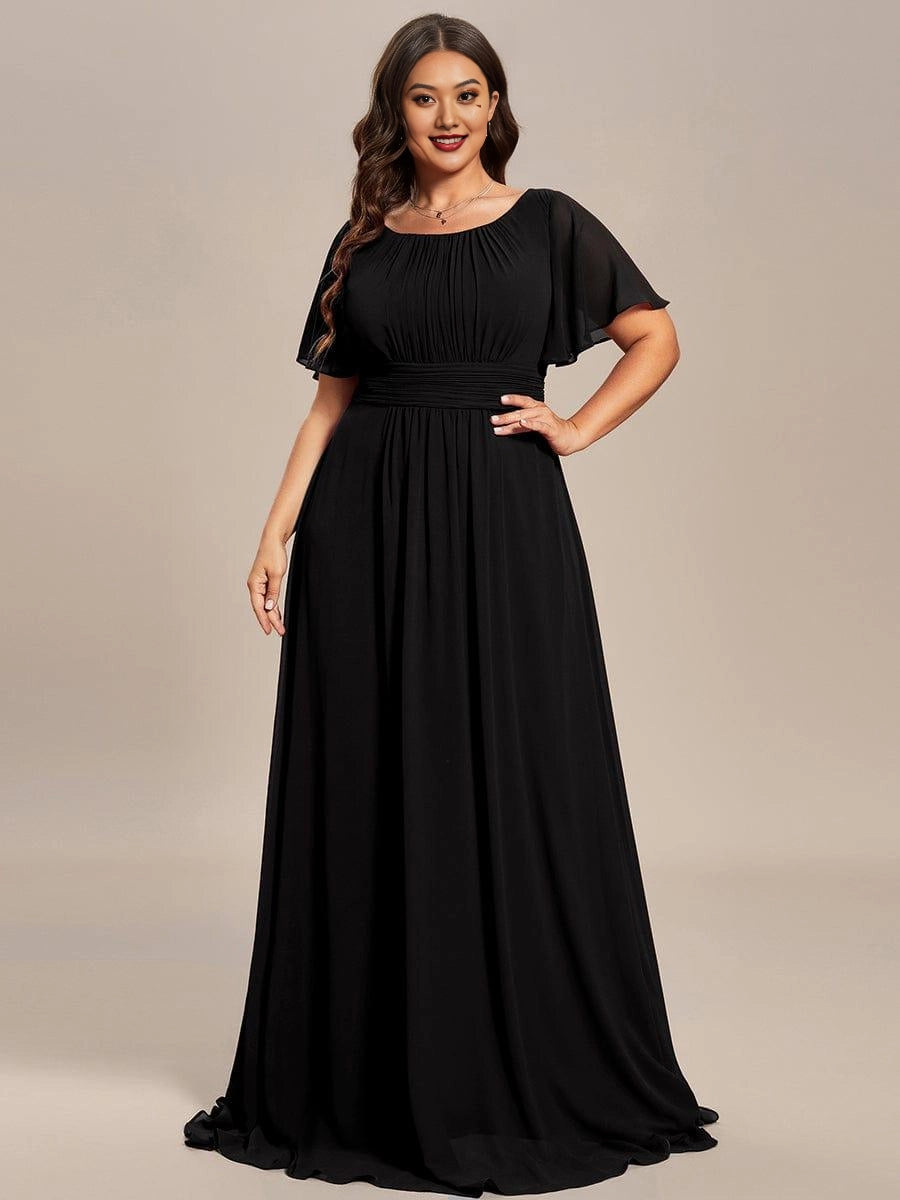 A-Line Round Neck Flutter Sleeve Back Zipper Floor Length Plus Size Floral Chiffon Wedding Guest Dress