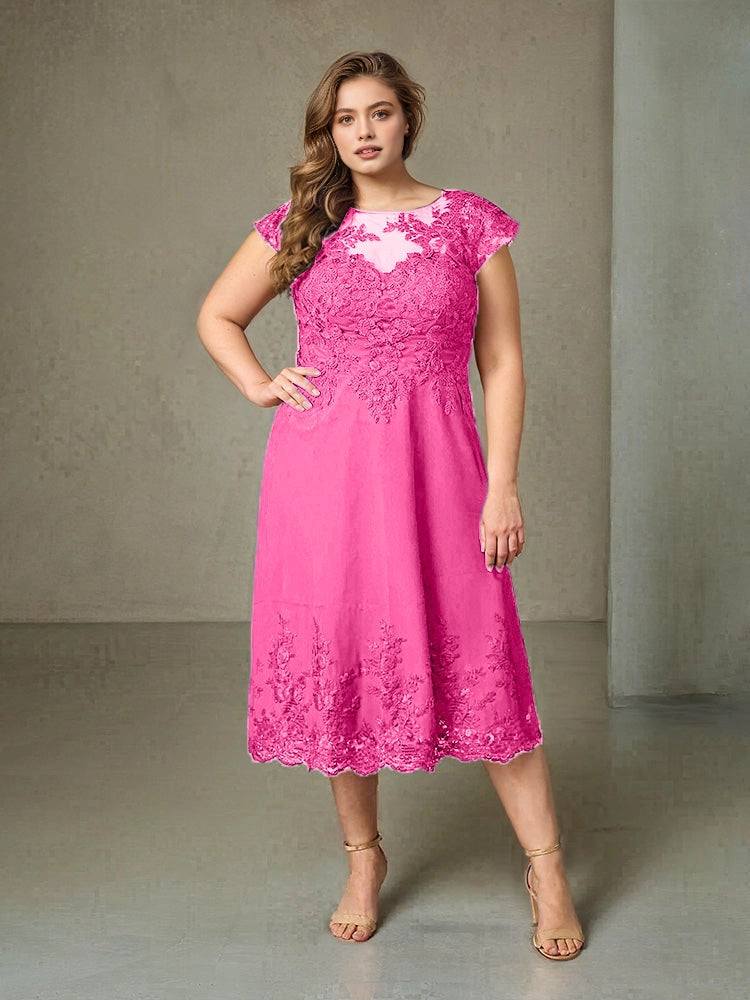 Charming A‑Line Illusion Neck Cap Sleeve V‑Back Midi Length Plus Size Mother Of The Bride Dress