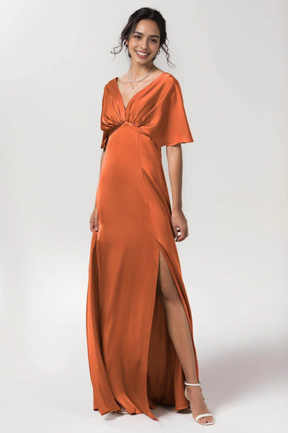 Elegant Plus Size Sheath V Neck Flutter Sleeve Bow Back Long Bridesmaid Dress