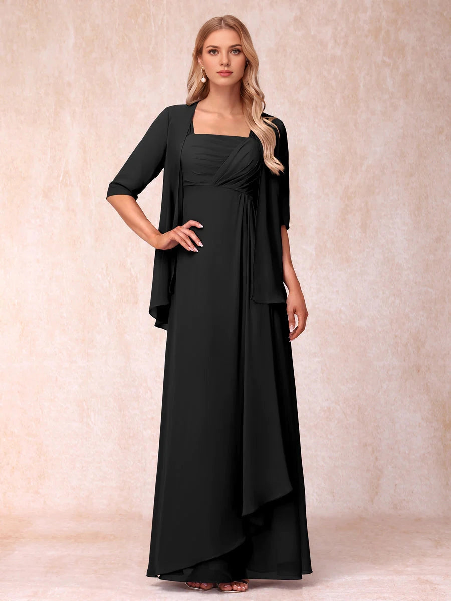 Soft A Line Square 3/4 Sleeve Solid Back Two Piece Long Mother Of Bride Dress