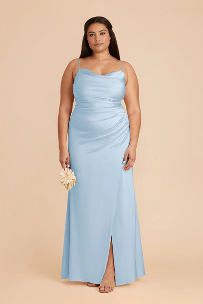 Elegant Satin Sheath Cowl Neck Spaghetti Strap Zipper Back Floor Length Plus Size Bridesmaid Dress