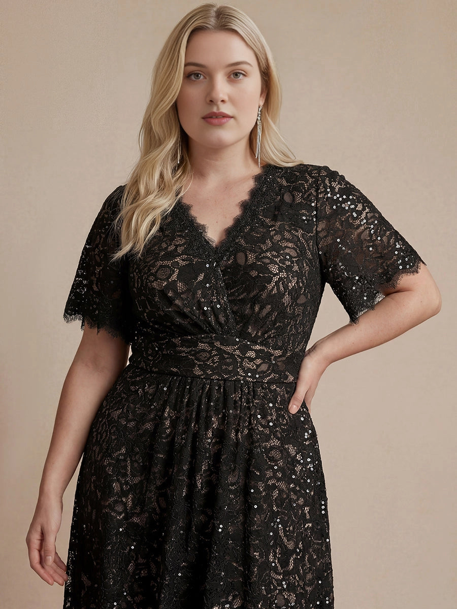 Plus Size Sequin Lace V-Neck Flutter Sleeve Long Mother of Bride Dress