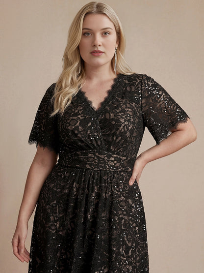 Plus Size Sequin Lace V-Neck Flutter Sleeve Long Mother of Bride Dress