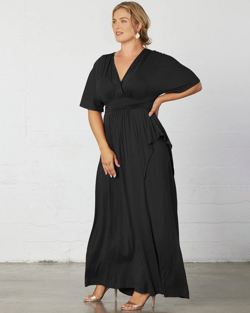 Elegant Plus Size A-Line V-Neck Flutter Sleeve Closed Back Long Mother of the Bride Dress