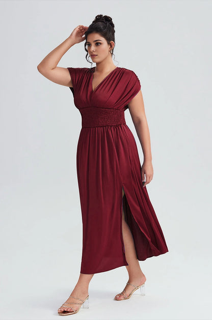 Plus Size Royal Blue A Line V Neck Cap Sleeve Tie‑Back Midi Prom Dress