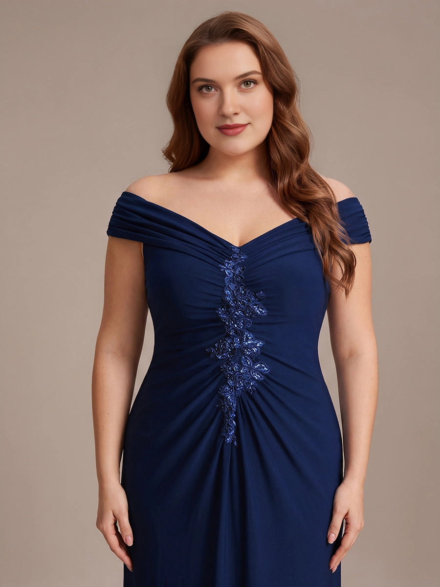 Plus Size Off-the-Shoulder V-Neck Sequin Lace Ruched Long Mother of Bride Dress