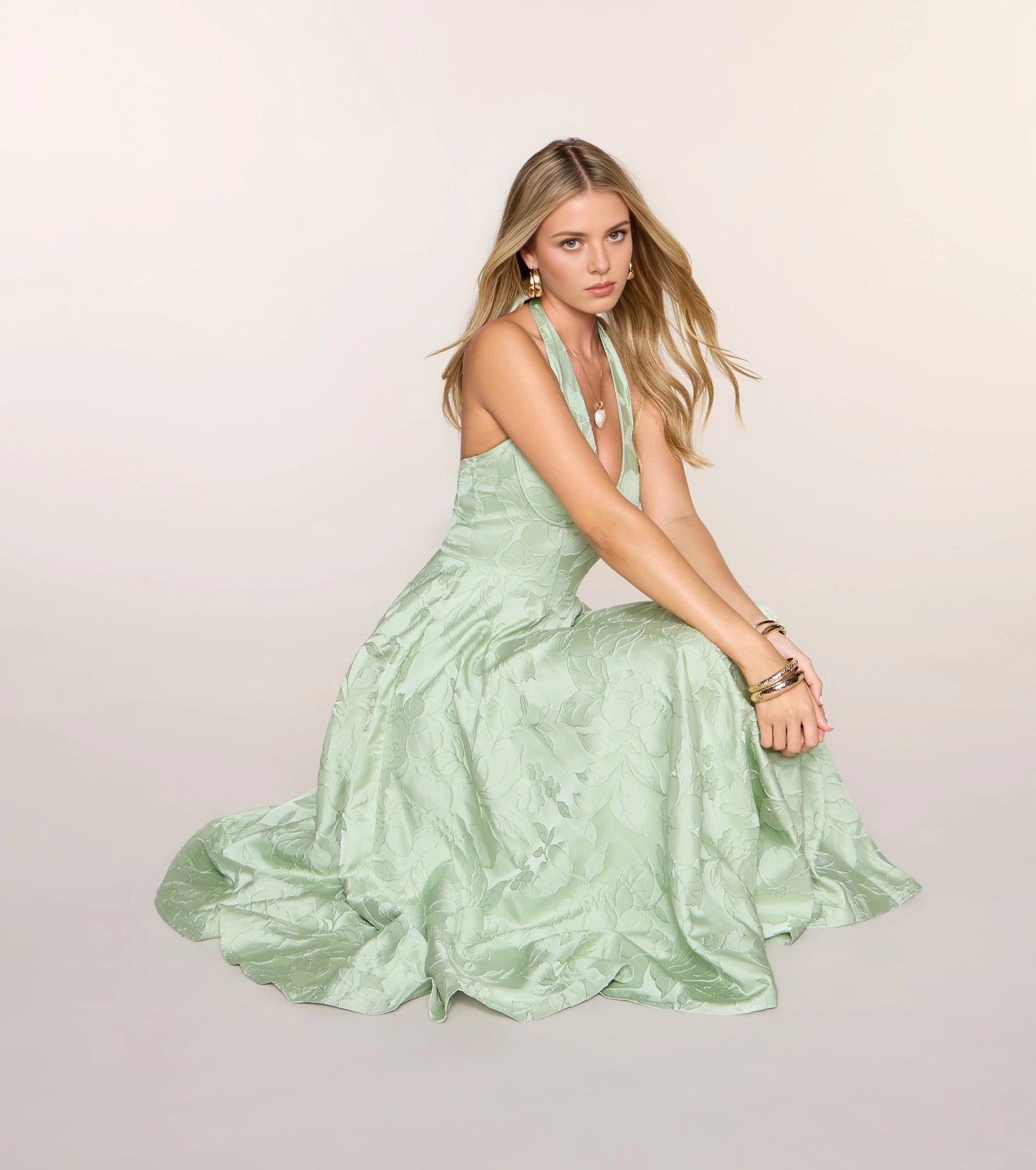 Roselledress Soft A-Line Halter V Neck Lace-Up-Back Midi Tea Length Plus Size Prom Dress