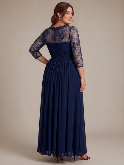 Plus Size Sequin Lace V-Neck 3/4 Sleeve Empire Long Mother of Bride Dress