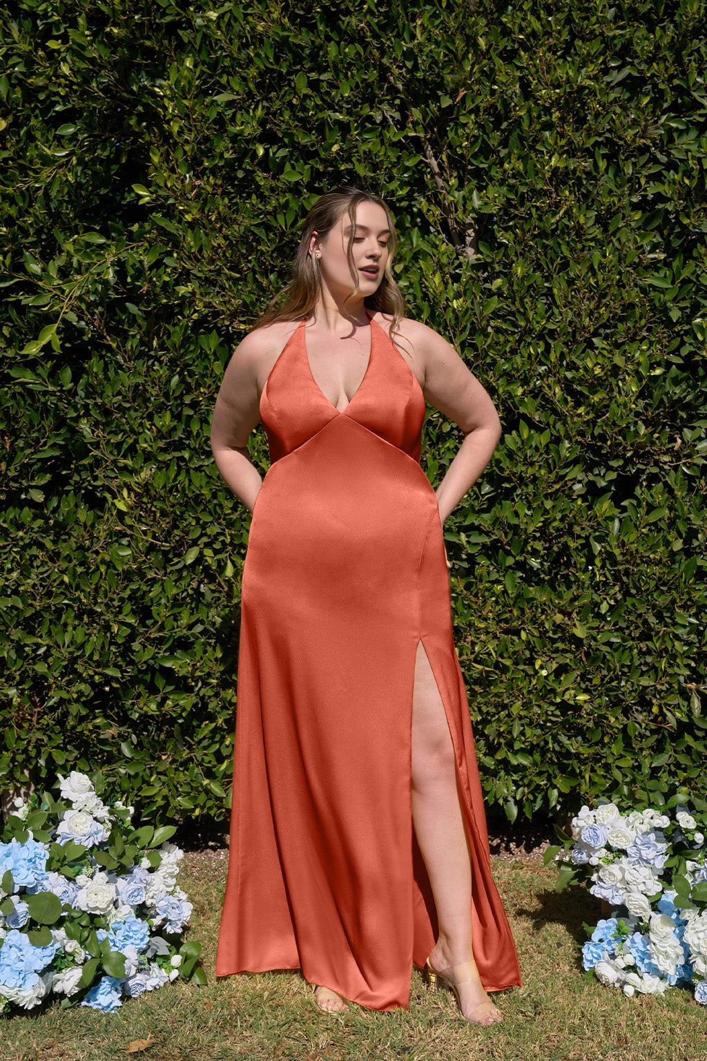Elegant Sheath V-Neck Halter Tie Back Long Plus Size Bridesmaid Dress
