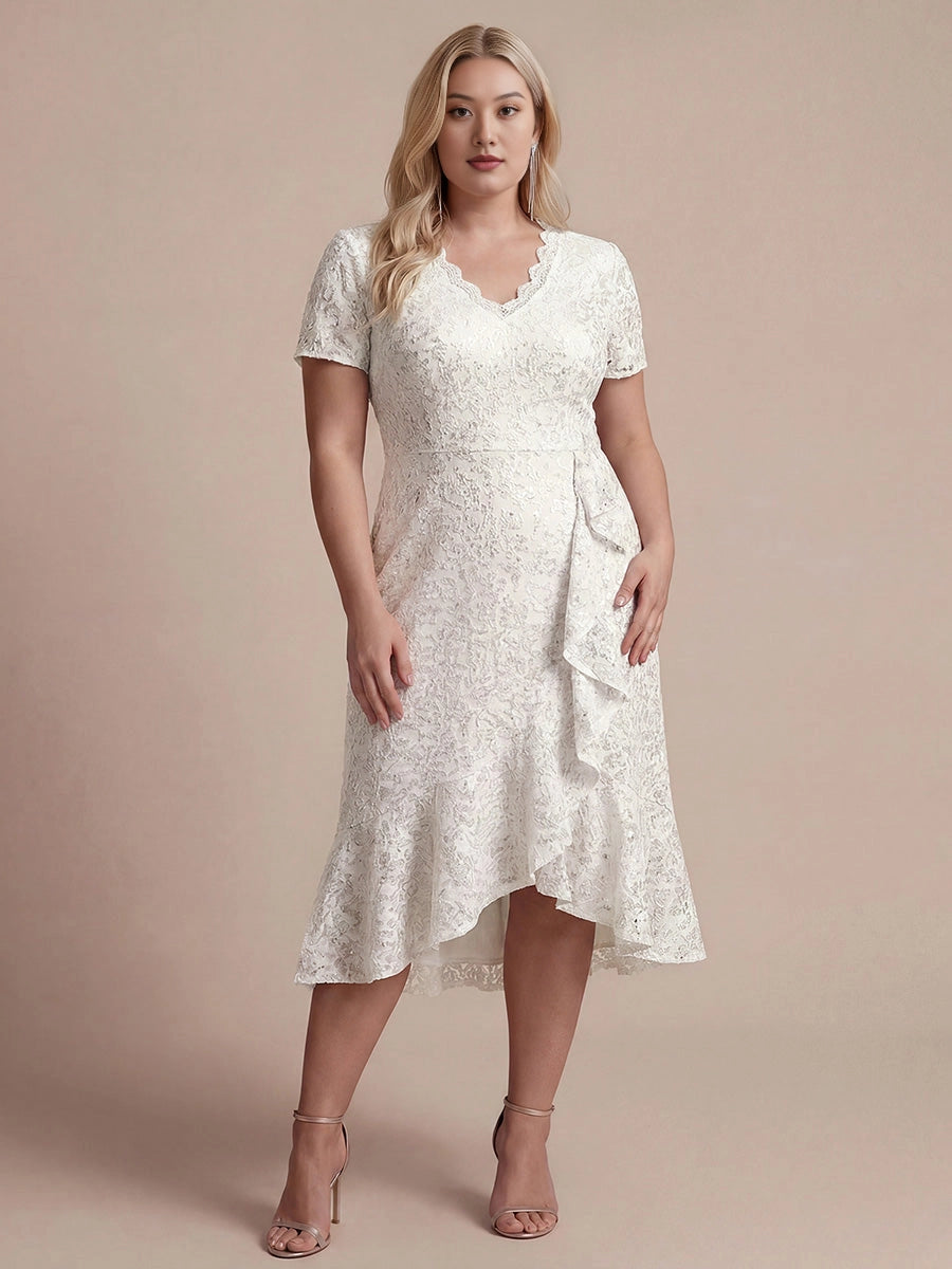 Flattering Wrap V-Neck Short Sleeve Zipper Back Hi-Lo Midi Plus Size Prom Dress 