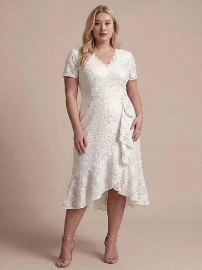 Flattering Wrap V-Neck Short Sleeve Zipper Back Hi-Lo Midi Plus Size Prom Dress 