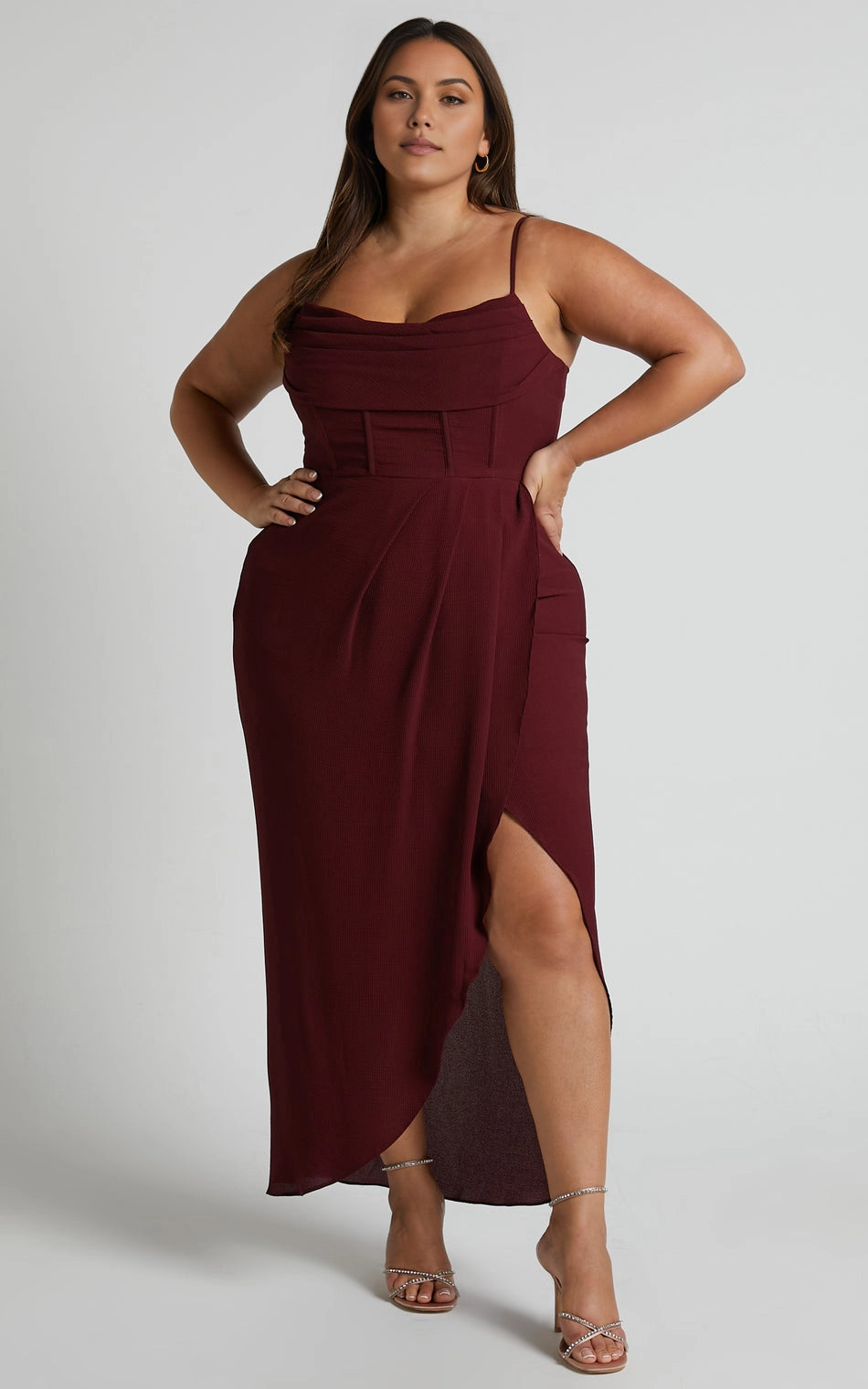 Glamorous A‑Line Cowl Neck Spaghetti Strap Open Back Slit Maxi Length Plus Size Prom Dress