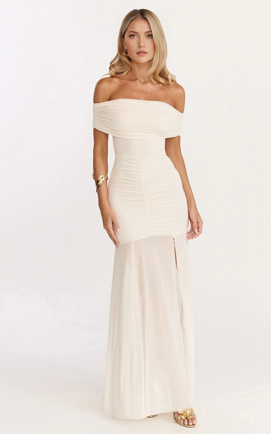 Ruched Off Shoulder Mesh High Slit Plus Size Wedding Guest Dress