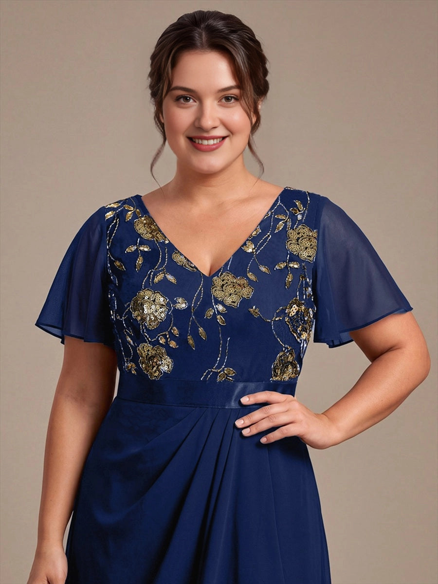 A-Line V-Neck Flutter Sleeve V-Back High-Low Mother of the Bride Dress