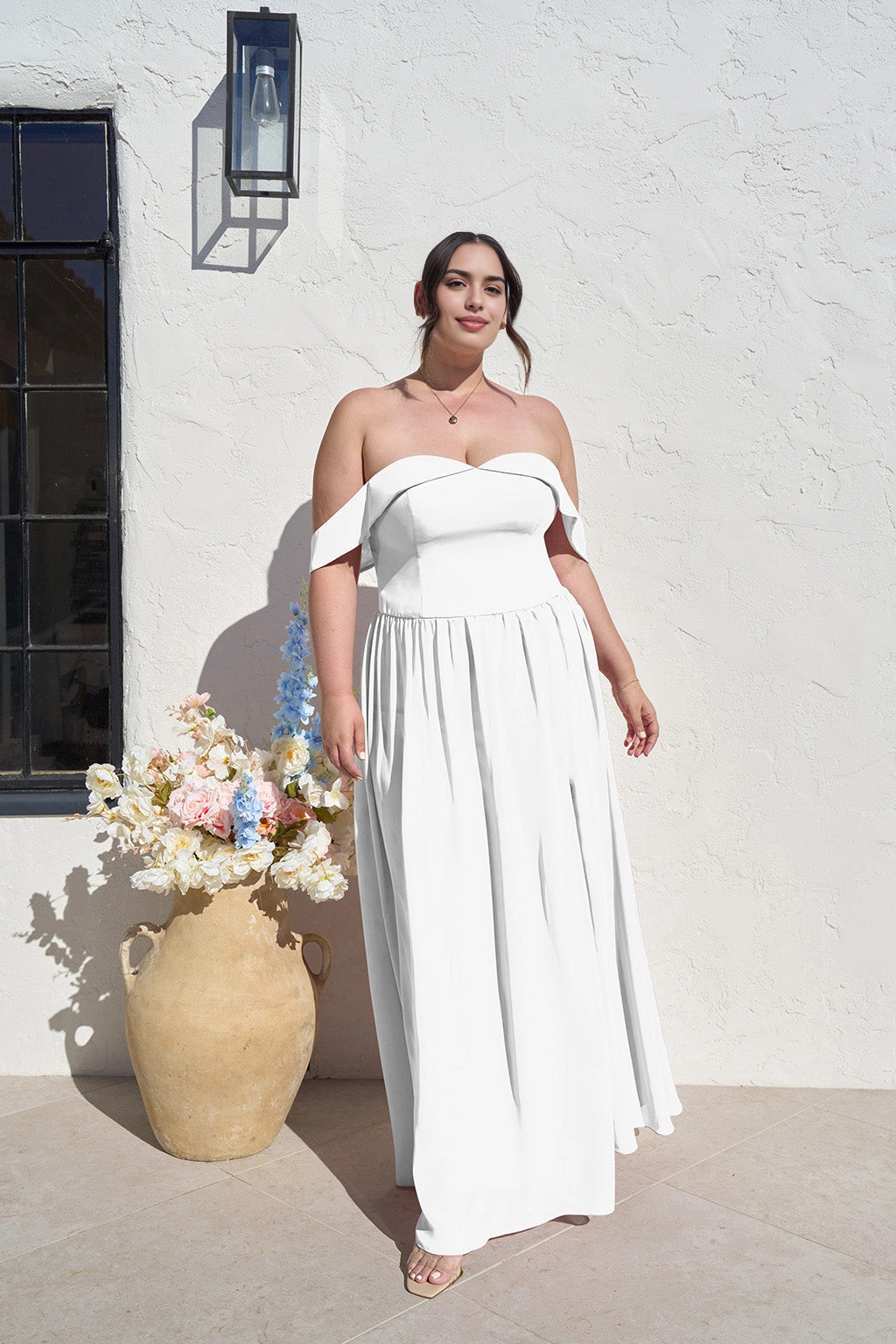 Romantic A-Line Sweetheart Off Shoulder Zipper Back Long Plus Size Bridesmaid Dress