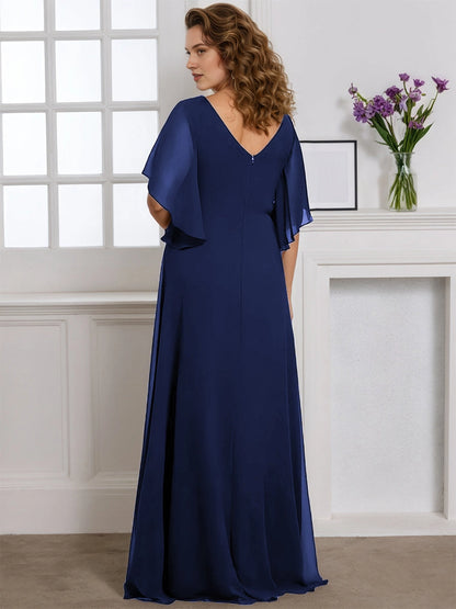 Graceful A‑Line V‑Neck Flutter‑Sleeve V‑Back Floor‑Length Plus Size Mother Of The Bride Dress