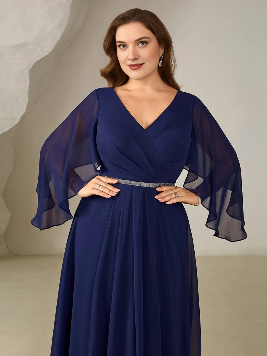 Plus Size A-Line V-Neck Cape Sleeve Elastic-Back Mother of the Bride Dress