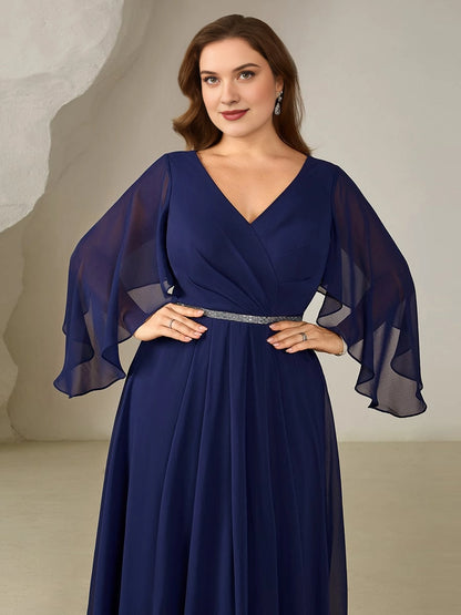 Plus Size A-Line V-Neck Cape Sleeve Elastic-Back Mother of the Bride Dress