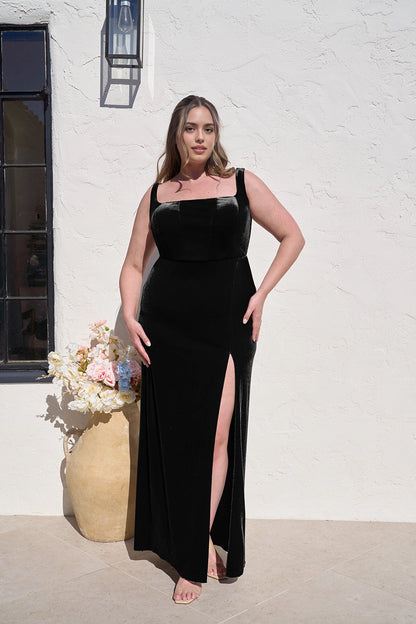 Elegant Sheath Square Neck Sleeveless Scoop Back Long Plus Size Wedding Guest Dress
